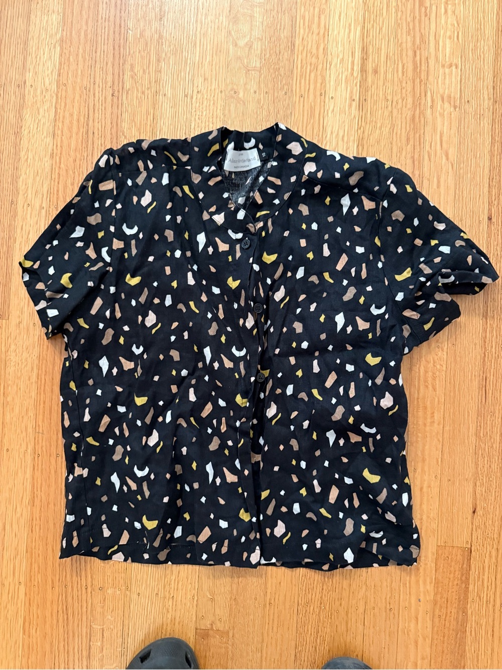Linen Black Short-Sleeve Button-Down Shirt with Yellow, Cream & Tan Spot Print